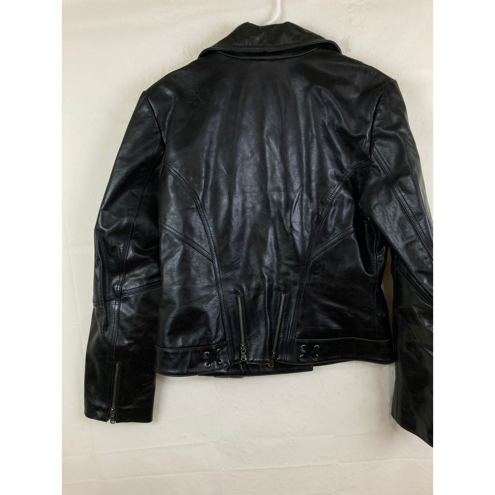 Express Biker Moto Jacket Women L Black Genuine Leather Belted Asymmetrical Y2K - Picture 6 of 8